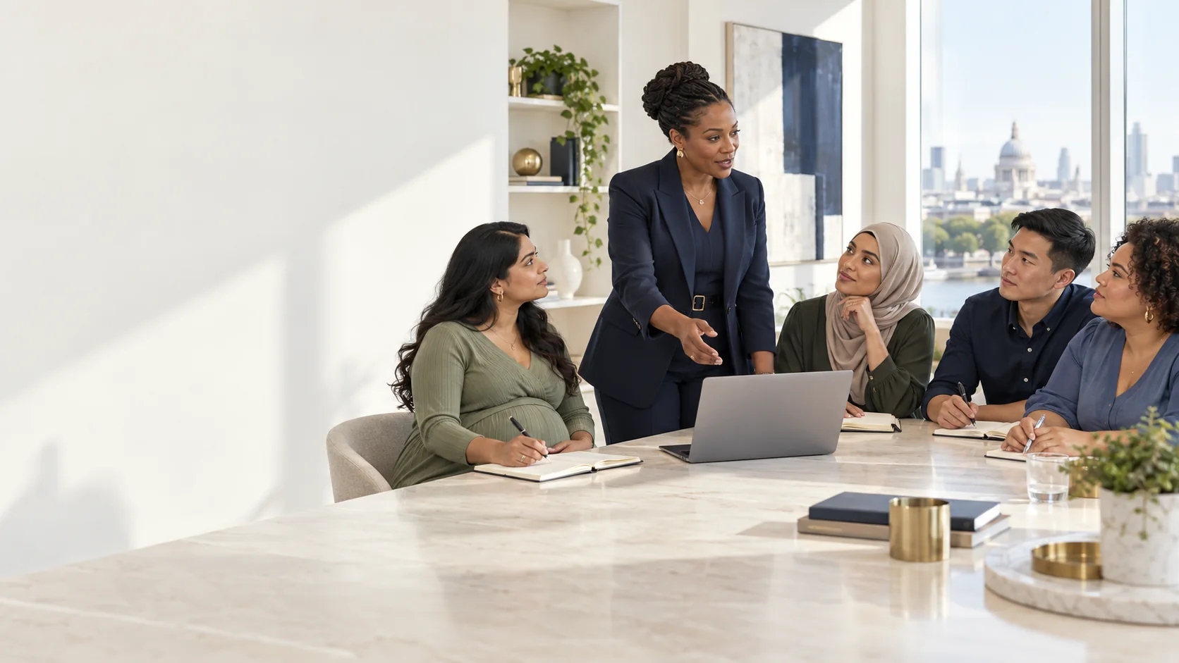 A Black woman facilitator leading a diverse group in a practical AI working session