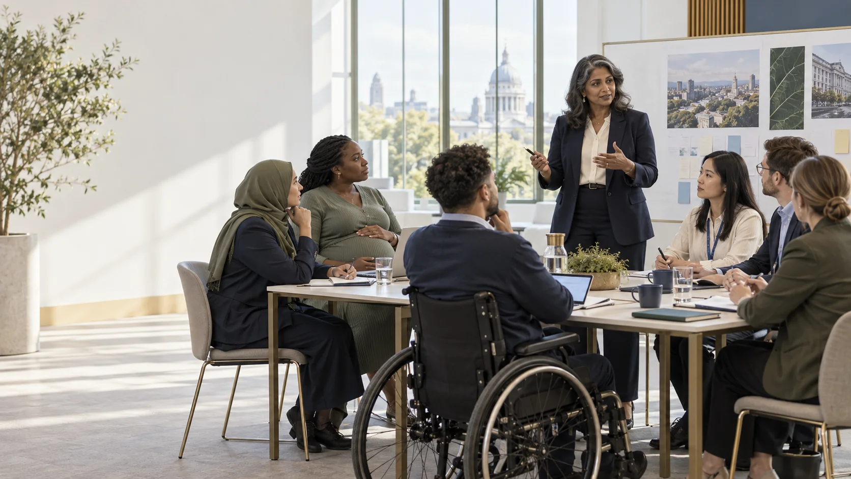 A South Asian facilitator leading an inclusive institutional AI governance workshop