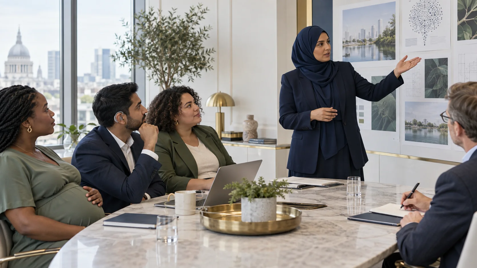 A Muslim woman executive leading a diverse team through an AI strategy discussion